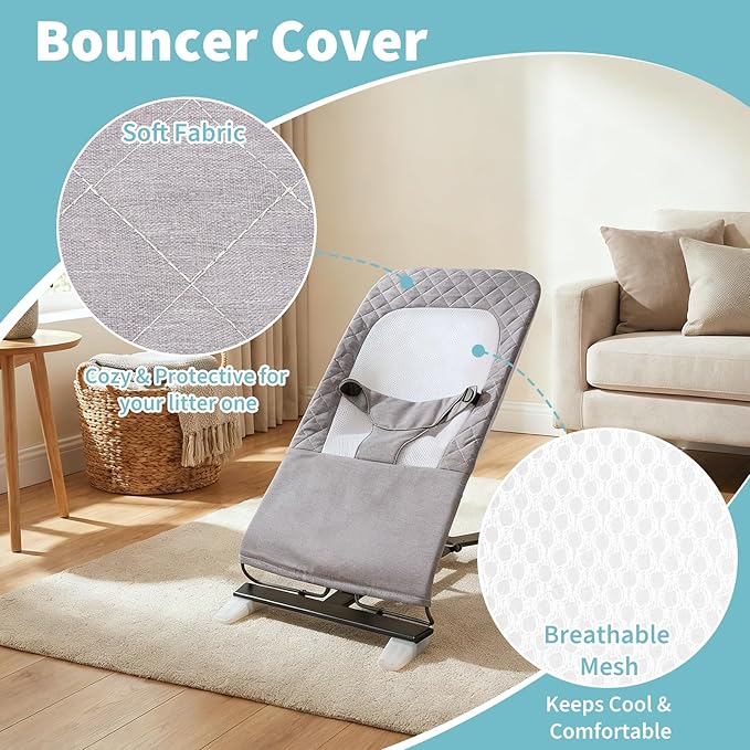 Bouncer Cover Compatible with Baby Delight, Fabric Seat for Bouncer, Soft and Breathable Mesh Inset, with 3-Point Safety Harness, Easy to Install, Machine Washable Replacement Cover, Grey