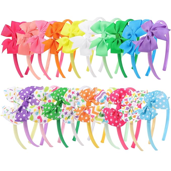 Candygirl 20 Pcs Bows Headbands, Ribbon Hair Bow Colorful Headband with Multicolored and Solid Color Series for Girls Toddler Hair Accessories