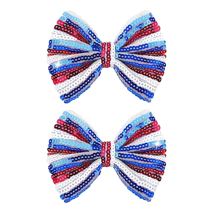4th of July Bow Hair Clips for Girls Glitter Hair Accessories 5” Big Bows Hairpin Baby Barrettes Sequins Cheer Bows Red Blue Stripes 2 Pcs