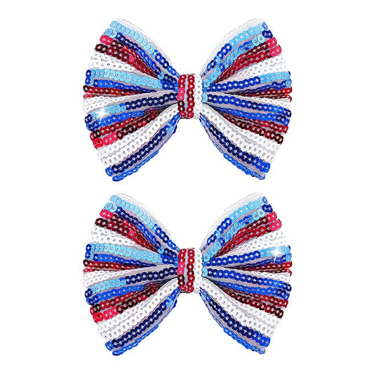 4th of July Bow Hair Clips for Girls Glitter Hair Accessories 5” Big Bows Hairpin Baby Barrettes Sequins Cheer Bows Red Blue Stripes 2 Pcs