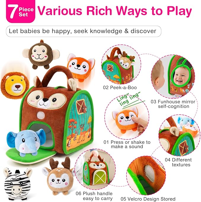 Baby Toys - Soft Squirrel Barn with 6 Sensory Stuffed Animals - Rattles, Crinkle, Mirror, Montessori Toys Ball for 6-12 Months & 0-3 year Toddler Boy Girl Birthday Gift Travel & Fidget Toy