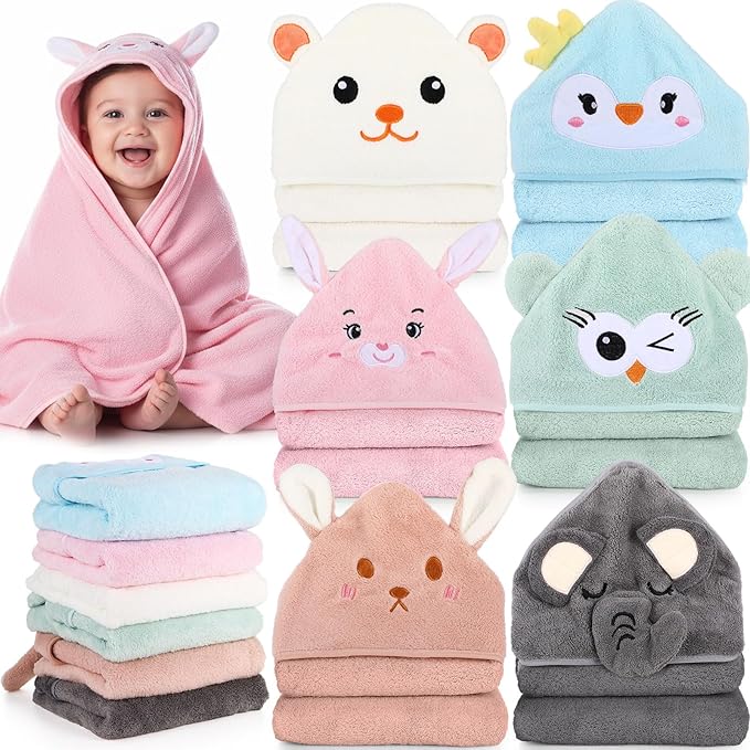 SmoothNovelty 6 Pack Baby Hooded Towels Infants and Toddlers Coral Fleece Baby Bath Towels 31.5 x 31.5 Inch Absorbent Cute Soft Newborn Bath Essentials Gifts for Boys & Girls(Multicolor,Vivid)