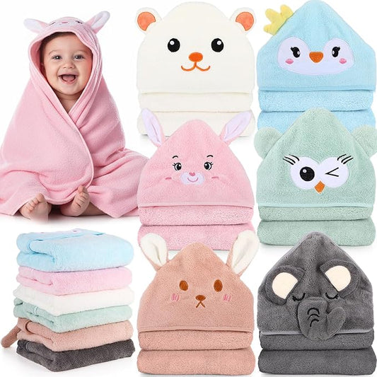 SmoothNovelty 6 Pack Baby Hooded Towels Infants and Toddlers Coral Fleece Baby Bath Towels 31.5 x 31.5 Inch Absorbent Cute Soft Newborn Bath Essentials Gifts for Boys & Girls(Multicolor,Vivid)