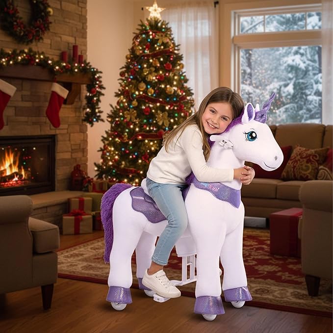PonyCycle Ride on Unicorn Toys for Girls Horse Spirit Toys Essential Model E Size 4 for Kids Age 4-7/35.4" Height,Birthday Plush Animal Giddy up Riding Pony Ride on Toys Purple E413