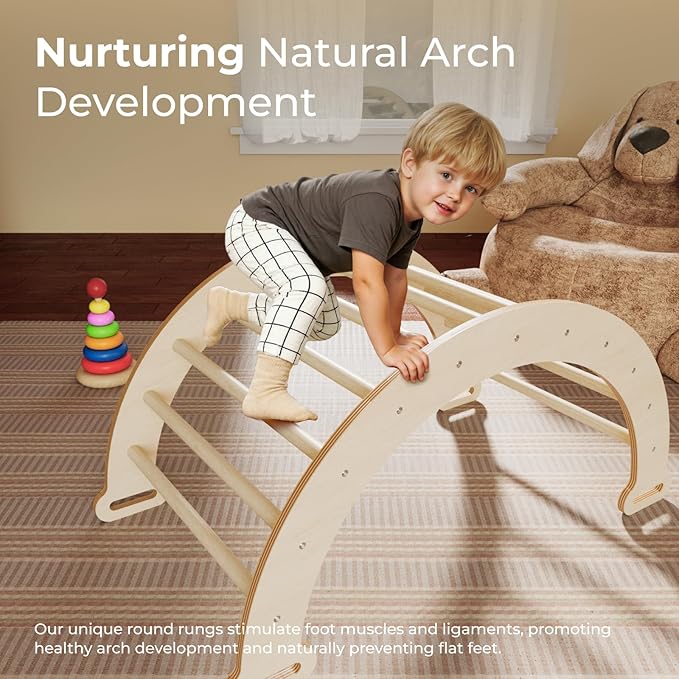 LINKHOO Pikler Triangle Set of 4, Wooden Montessori Climbing Set for Toddlers Ages 2-8, Indoor Jungle Gyms with Arch, Ramp, Ladder and Climbing Net, Natural
