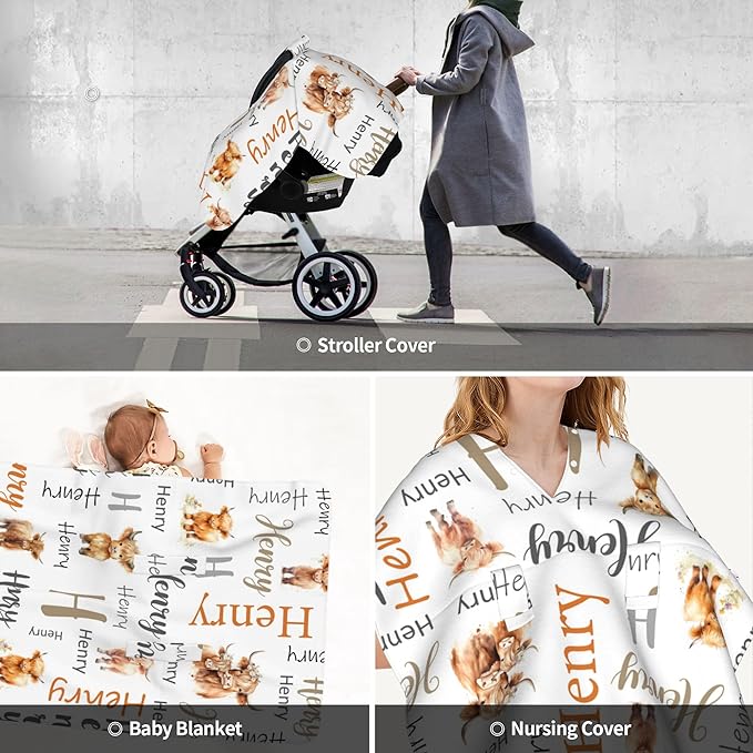 Personalized Baby Car Seat Canopy with Name Custom Minky Highland Cow Car Seat Covers Nursing Cover for Breastfeeding Multi-Use Cover Infant Carrier Carseat Winter Cover for Newborn Girls Boys