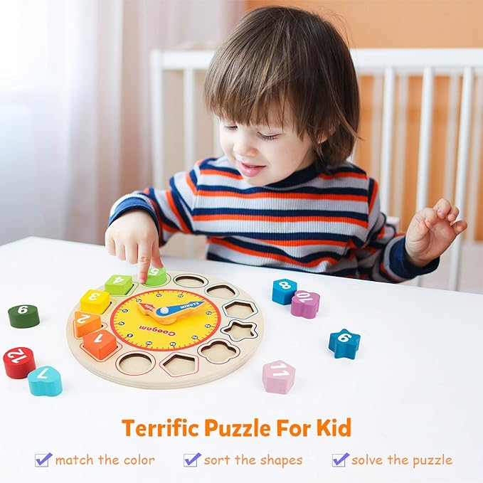 Coogam Wooden Shape Color Sorting Clock – Teaching Time Number Puzzle Stacking Sorter Jigsaw Montessori Early Learning Educational Toy Gift for Year Old Kids