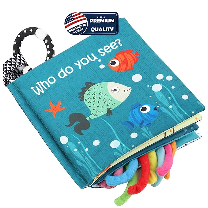 Fish Baby Books Toys, Touch Feel Cloth Crinkle Books for Babies,Baby Infant Toys 0-6, 6-12,12-18 Months,Early Learning Education, Easter Baby Gifts Shower for Boys Girls, Teething, Mirror,Shark Ocean