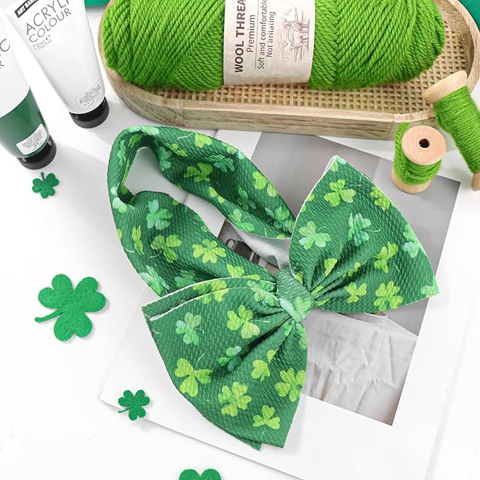7” St Patricks Baby Girls Bows Shamrock Clover Headbands Green Leaves Tied Bows Hairbands St Patricks Day Hair Accessories Gift for Infant Baby Girls