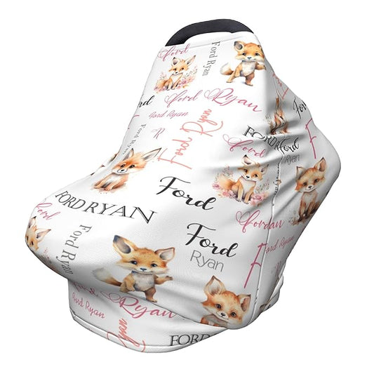 Personalized Baby Car Seat Covers for Babies, Custom Fox Nursing Breastfeeding Carseat Canopy with Name, Infant Stroller Covers for Newborn Girls Boys, Breathable Carseat Cover