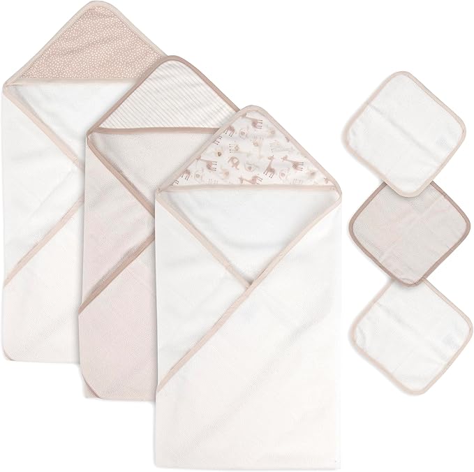 Jessica Simpson 6 Piece Printed Hooded Bath Towel and Washcloth Set for Infant, Newborns and Toddlers 3 – 24 Months for Bath Time, Showers, Lounge, Beach and Pool (6 Piece Zoo Animals Print)