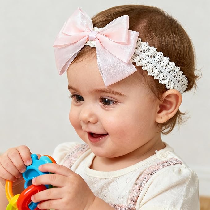 Baby Girls Hairbands Bow Lace Headband Handmade Soft Stretchy Pink Bowknot Hairbands Newborn Hairband with Bows Elastic Hair Bands for Kids Infant(Glossy Pink Bow