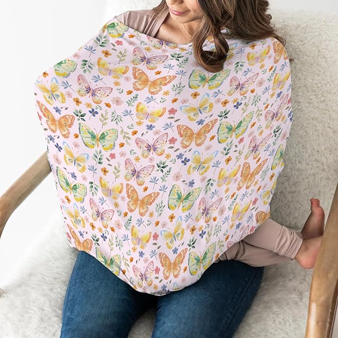 Watercolor Butterflies Spring Floral Baby Car Seat Covers Pastel Flowers Leaves Stretchy 5-in-1 Cover Adjustable Infant Carseat Canopy Cover Easter Garden Breathable Nursing Cover-Up Pink