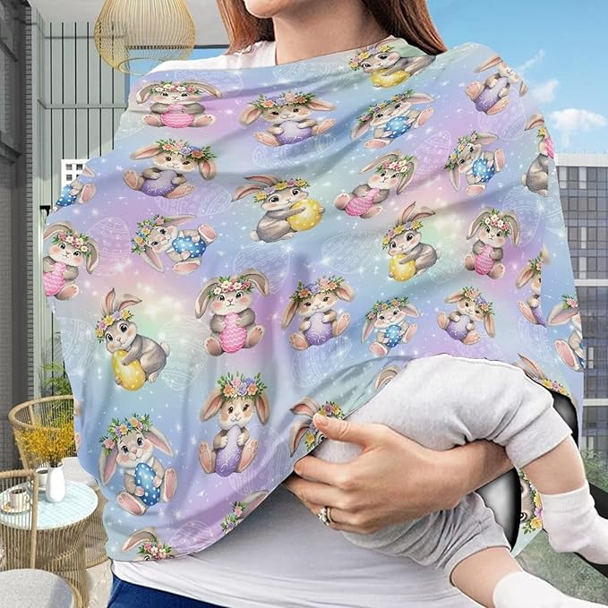 Wanyint Easter Rabbit Eggs Colorful Car Seat Covers for Babies Girls Boys, Stretchy Carseat Canopy Soft Baby Breastfeeding Cover Nursing Scarf Infant Stroller Cover