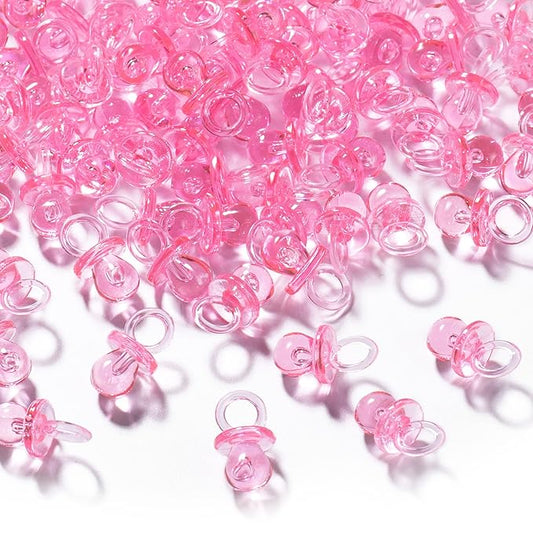 XINHUIDALSQ 150 Mini Acrylic Pacifiers for Baby Shower Game, 0.86 Inch Bulk Chupones para Gender Reveal Party Favors Table Decoration (Pink)