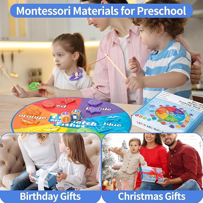 Montessori Toys for Toddlers 1-3,Wooden Magnetic Fishing Game Educational Shape & Color Sorting for Kid 3-5,Boy Girl Preschool Learning Motor Skill Matching Activity Toy for Age 2-4 (Foldable mat)