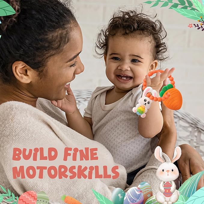 Easter Eggs Bunny Teething Toys, Easter Basket Essentials Stuffers, Silicone Easter Egg Baby Carrot Teether Toys, Baby Carrots for Baby's First Easter Gifts, Easter Decorations for Infant Boys Girls