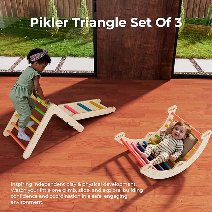 LINKHOO Pikler Triangle Set of 3, Wooden Montessori Climbing Set for Toddlers Ages 2-6, Indoor Jungle Gyms with Arch, Ramp and Ladder, Rainbow