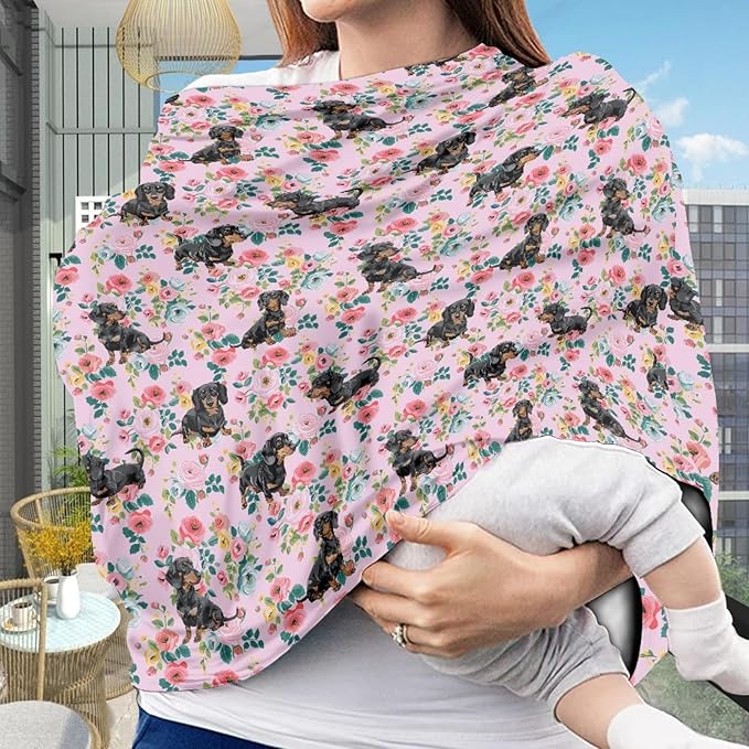 AFPANQZ Floral Dachshunds Baby Car Seat Cover Canopy and Nursing Cover Infant Car Canopy Spring Autumn Winter Snug Warm Breathable Windproof Open Peep Top Universal Fit Pink Flowers