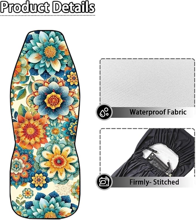 Hippie Flower Car Seat Covers 2 Pcs, Waterproof Universal Front Seat Protector, Easy to Install Automobile Interior Decorate Accessories Universal Fit for Car SUV Trucks