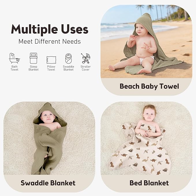 Susurration 2 Pack Thick Muslin Baby Towels, 100% Cotton Soft and Absorbent Baby Bath Hooded Towel for Newborn, Infant, Girls, Boys, Baby Essentials