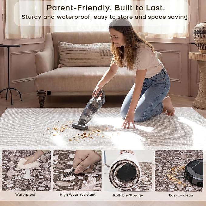 Reversible Baby Play Mat 78" x 55", Extra Large Foam Crawling Mat for Infants & Toddlers, Thick TPU Surface, Waterproof Floor Mat, Stylish Luxury Design for Living Room & Playroom (Floral & Beige)