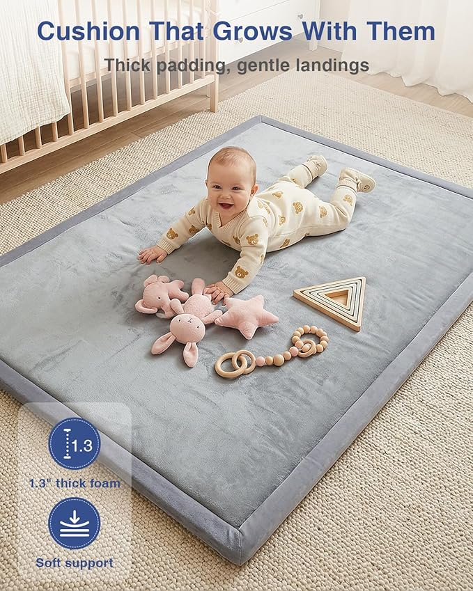 Baby Play Mat for Floor,1.3" Thick 47x47 Play Mat for Playpen,Tummy Time Foam Mats,Plush Soft Padded Playmate for Babies 6-12 Months Crawling,Non-Slip Nursery Rug for Toddler Kids Playroom(Grey)