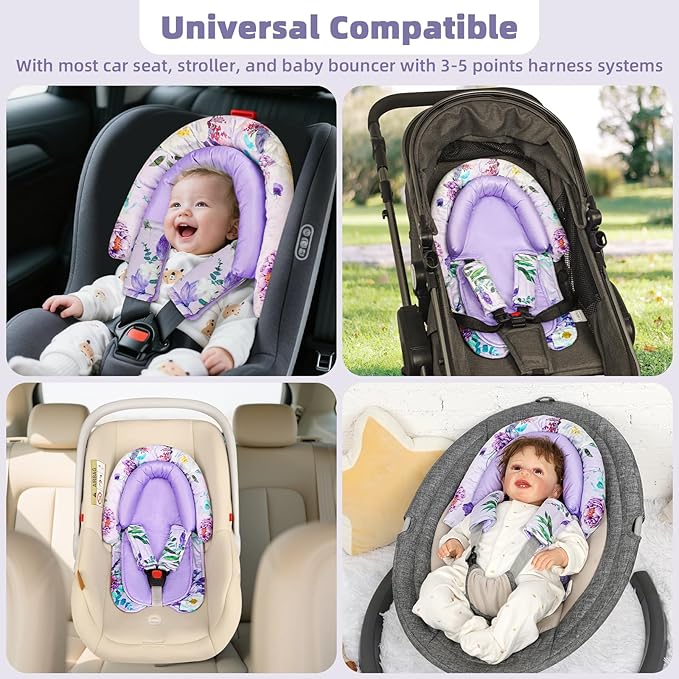 Baby Car Seat Head Support & Strap Covers, Upgraded 2-in-1 Infant Car Seat Insert Cushion for Newborn Girls, Mesh & Minky Fabric, Perfect for Carseat, Stroller, Swing, Extra Soft, Purple