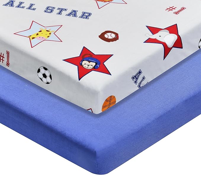 2 Pack n Play Mattress Sheets – 100% Percale Weave Cotton Soft Portable Crib Mattress Sheets for Boys with Jungle Sports and Solid Blue Design; 2 Pc Playpen Mattress or Mini Crib Sheet Fitted Set