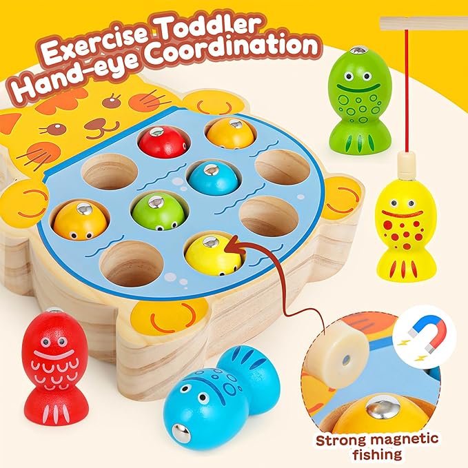 Montessori Magnetic Wooden Fishing Game for Kids 3+, Fine Motor Skills Toys Learning Color Sorting & Hand Eyes Coordination Easter Basket Stuffers for Toddlers Boys Girls