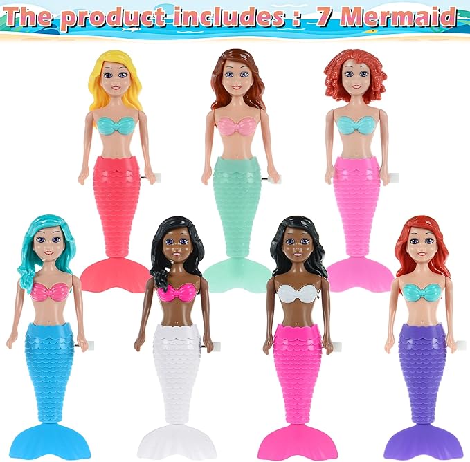 dollbie 7-Pack Wind-Up Mermaid Bath Toys for Kids -Toddler Bath Toys for Kids Moving Tail Priness Doll Diverse Hair Colors & Styles Mermaids, Swimming Pool Party Favors