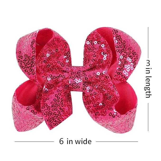 6 Inch Hot Pink Sparkly Glitter Sequin Hair Bows for Girls Toddlers Kids Children Teenage (2PCS)