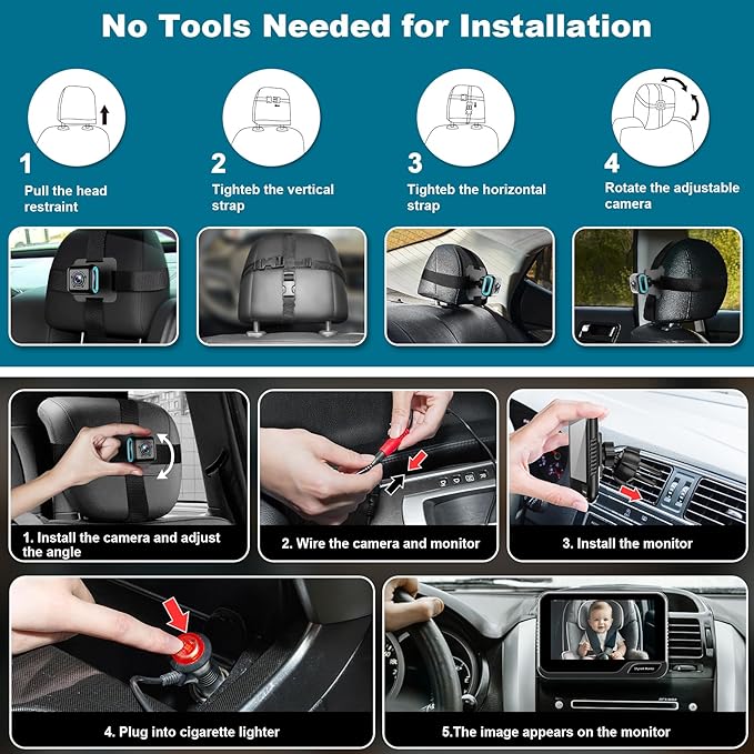 Baby Car Mirror, 4.3'' HD Night Vision Function Mirror Display, Wide View Baby Car Camera Monitor 1080P Rear Facing Monitor, 360 Rotation Backseat Camera Black YB-405CA
