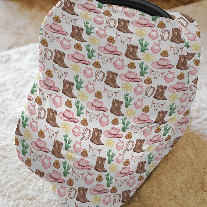 Pink Western Cowgirl Baby Car Seat Covers for Girl Cute Cowgirls Boots Hat Horse Cactus Sun Cow Skulls Stretchy 5-in-1 Cover Country Adjustable Car Canopy Cover Wild West Breathable Nursing Cover-Up