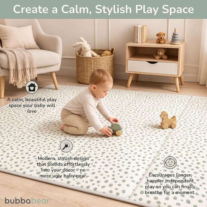 Bubba Bear Baby Play Mat, Thick Foam with Pattern Design, Foldable Waterproof Padded Crawling Mat for Babies (Green Spots, 47 x 35 Inches)