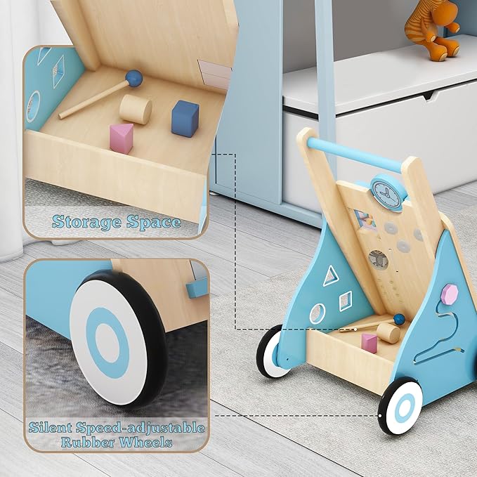 Baby Walker with Activity Center, Wooden Walker Toddler Push Walker Adjustable Height and Speed Montessori Walker Toy for Boys Girls Ages 9+ Months, Blue