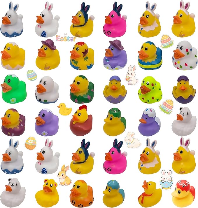 36pcs Easter Rubber Ducks Bulk, 2 Inch Assorted Easter Themed Duckies for Jeep Ducking, Bath Toys, Easter Egg Hunt, Basket Stuffers, Classroom Prizes, Party Favors Gifts for Kids
