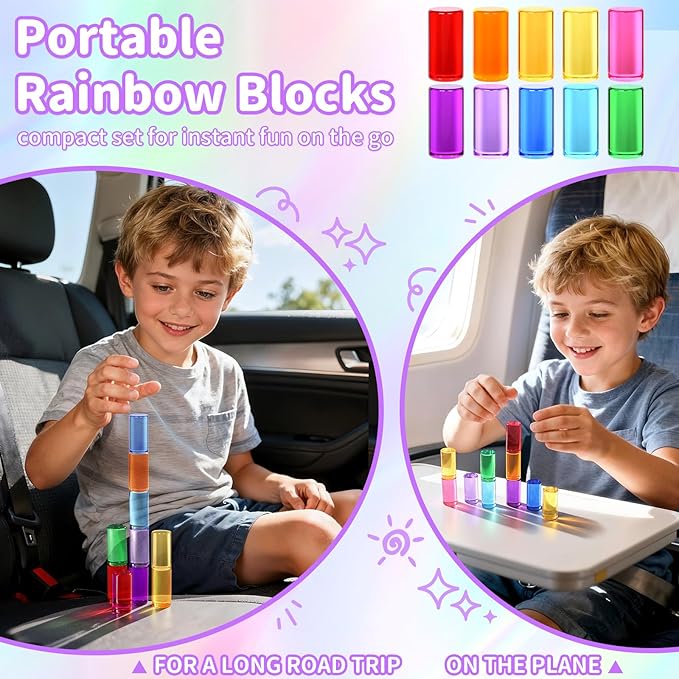 10 PCS Rainbow Acrylic Blocks, Crystal Lucite Gem Cubes for Kids, Highly Transparent Colored Acrylic Cylinder Building Blocks, Educational Sensory Learning Toys