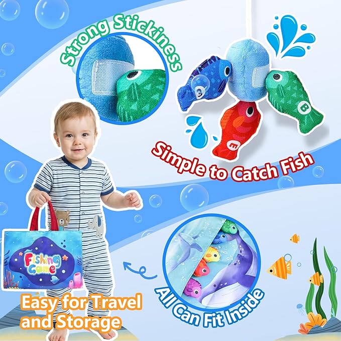 COUOMOXA Montessori Toys for 1 Year Old Baby: 22PCS Cloth Fishing Game with Stacking Cups - 6-12-18 Months Toddler Color Sorting Learning Toy Indoor Outdoor Play for Age 1 2 3 Boy Girl