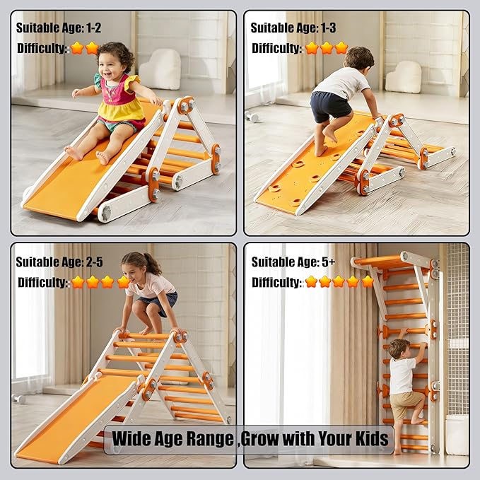 Indoor Jungle Gym,Kids Pikler Triangle Set,Multifunction Toddler Climbing Toys Foldable Montessori Play Gym with Slide(Orange)