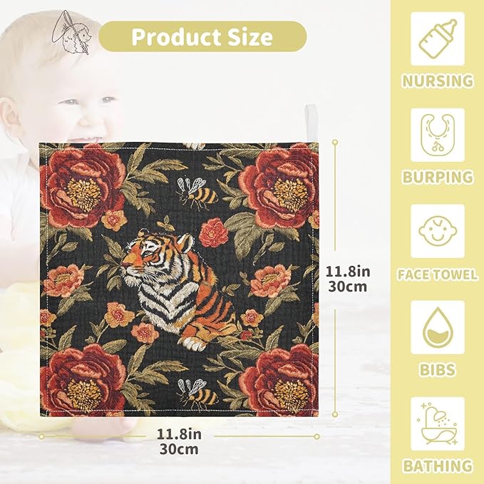 vvfelixl Baby Muslin Washcloths Tiger Bee Flower Baby Burp Cloths Cotton Babys Face Towel for Newborn Infants Boys Girls Soft and Absorbent 11.8 X 11.8 in, 3 Pack