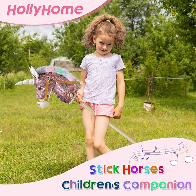 HollyHOME Sequin Unicorn Stick Horse Handcrafted Hobby Horse on a Stick with Wood Wheels Real Pony Neighing and Galloping Sounds Plush Unicorn Toy Pink 36 Inches(AA Batteries Required)