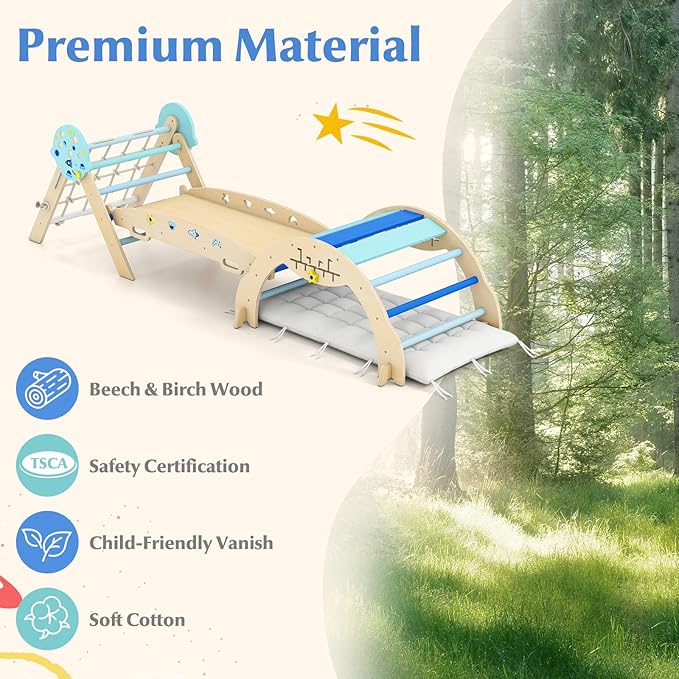 Olakids Pikler Triangle Set, 13 in 1 Astronaut Theme Foldable Wooden Montessori Toddler Climbing Toys Indoor with Cushion Ramp Arch Ladder Net