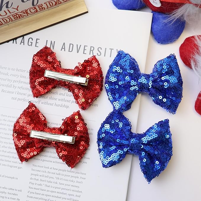 4th of July Hair Accessories: Sequin Alligator Clips, Glitter Bows, Barrettes for Girls, Teens Gift