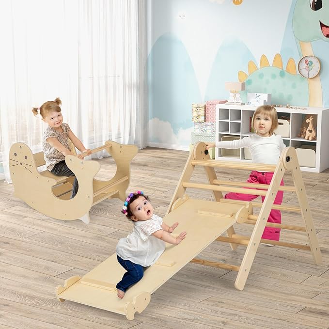 HONEY JOY 7 in 1 Climbing Toys for Toddlers, Wood Triangle Climber w/Ramp for Sliding or Climbing, Rocker, Foldable Montessori Triangle Climbing Arch Set for Daycare, Gym & Playground, Natural