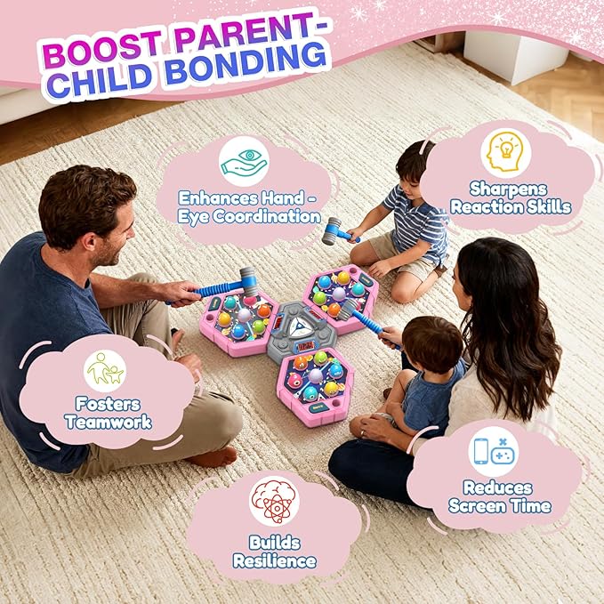 TooLion 3-Player Whack Game Mole for Kids 3-12 Boys Girls - 3 Independent Game Boards,3 Modes with Sound & Light,Safe Educational Pounding Toy,Christmas Birthday Gift for Multi-Kid Families,Pink