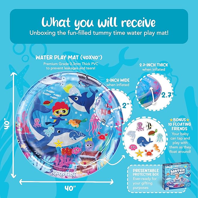 KooKooBaby Tummy Time Water Mat for Babies - Xtra Large Sensory Baby Water Mat for Tummy Time & Motor Development - Leak-Proof Water Pad, Durable Infant Water Play Mats for Baby Boys & Girls 3 Months+