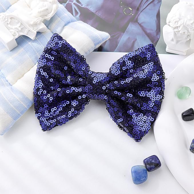 Hair Clip with 5 inches Sequins Large Bow, Alligator Hair Clip for Girls, Women, Teens, Babies, Navy Blue Bow Gift