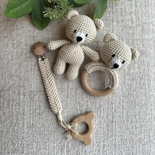 Organic Cotton Handmade Crotchet Bear Rattle, Toy, teether and Pacifier Holder Baby Shower/Birthday Gift Set.