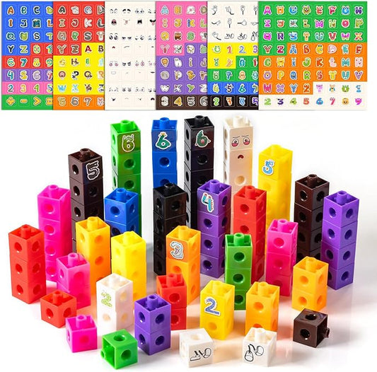 100 Pcs Math Linking Cubes with 384 Cartoon Stickers - STEM Counting Cubes & Math Manipulatives for Kids, Learning Activities for Kindergarten & Elementary School